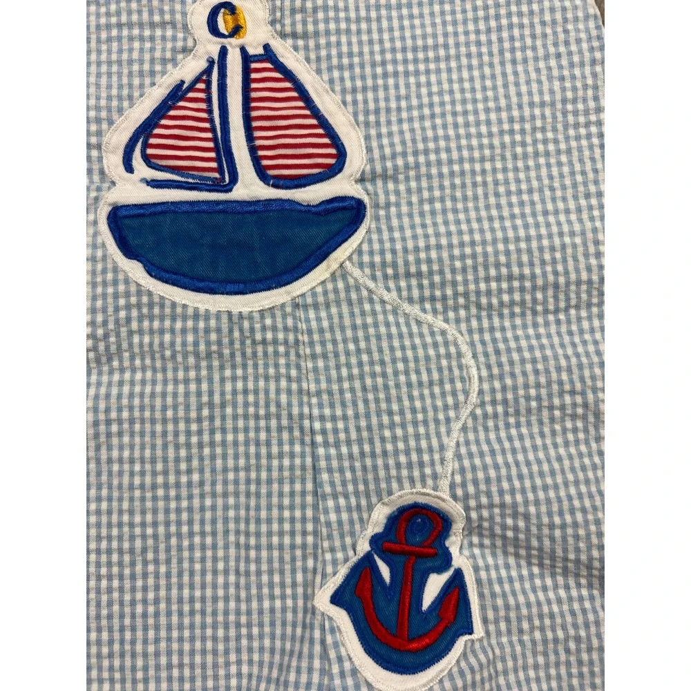 Carter's Romper Boys 6/9M Blue Gingham‎ Nautical Sailboat Seersucker One Piece